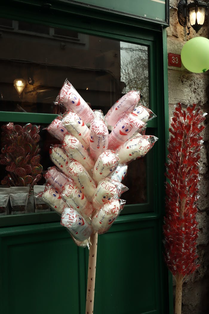 Vertical shot of a storefront with a vibrant assortment of cotton candy bags and lollipops.
