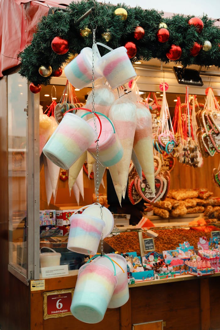 Colorful candy stall at a Christmas market in Kassel, filled with cotton candy and gingerbread treats.